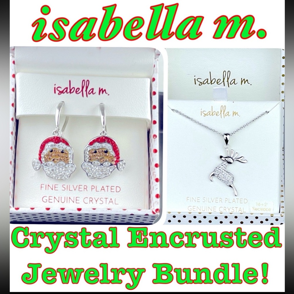 NWT • isabella m. Festive Crystal Pave Santa Earrings & Reindeer Necklace BUNDLE